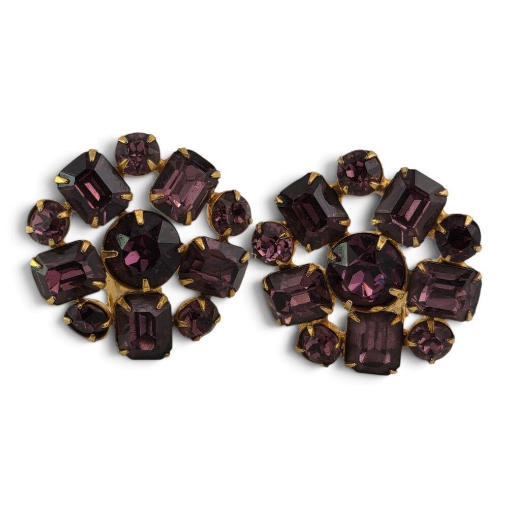 Vintage Purple Glass Rhinestone Cluster Clip On Earrings Gold Tone Prong Set